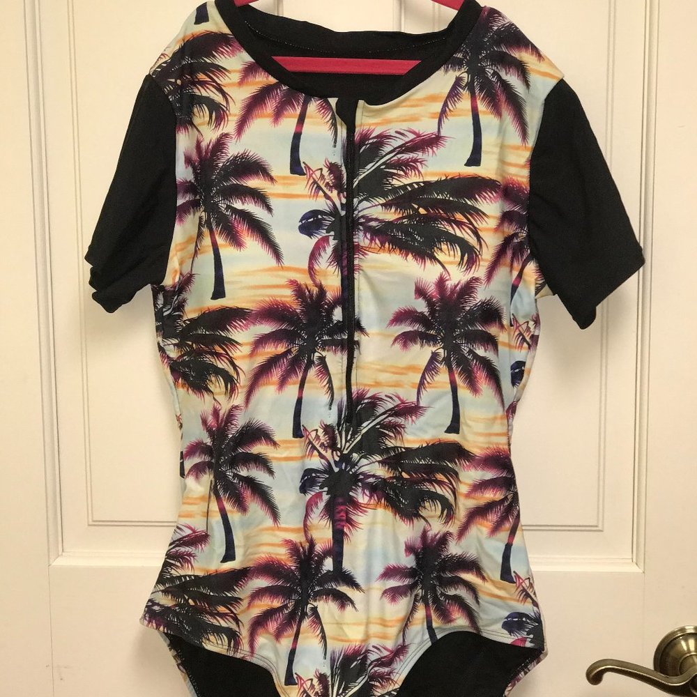 Aleumdr zip front printed half sleeve swimsuit